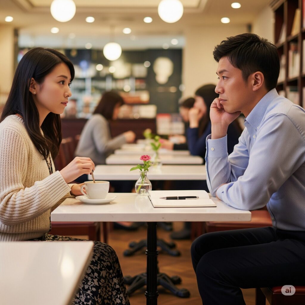 向かい合って座る男女